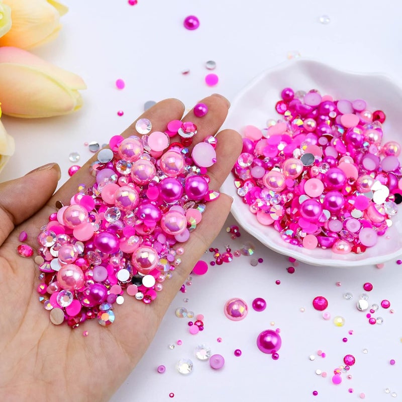 Briskbloom 60g Mix Pearls and Rhinestones for Crafts - 3620PCS 2mm-10mm Flatback for Nails, Face Art, Tumblers - Jelly and Half Pearls - Light Pink, Hot Pink, Clear - Image 2